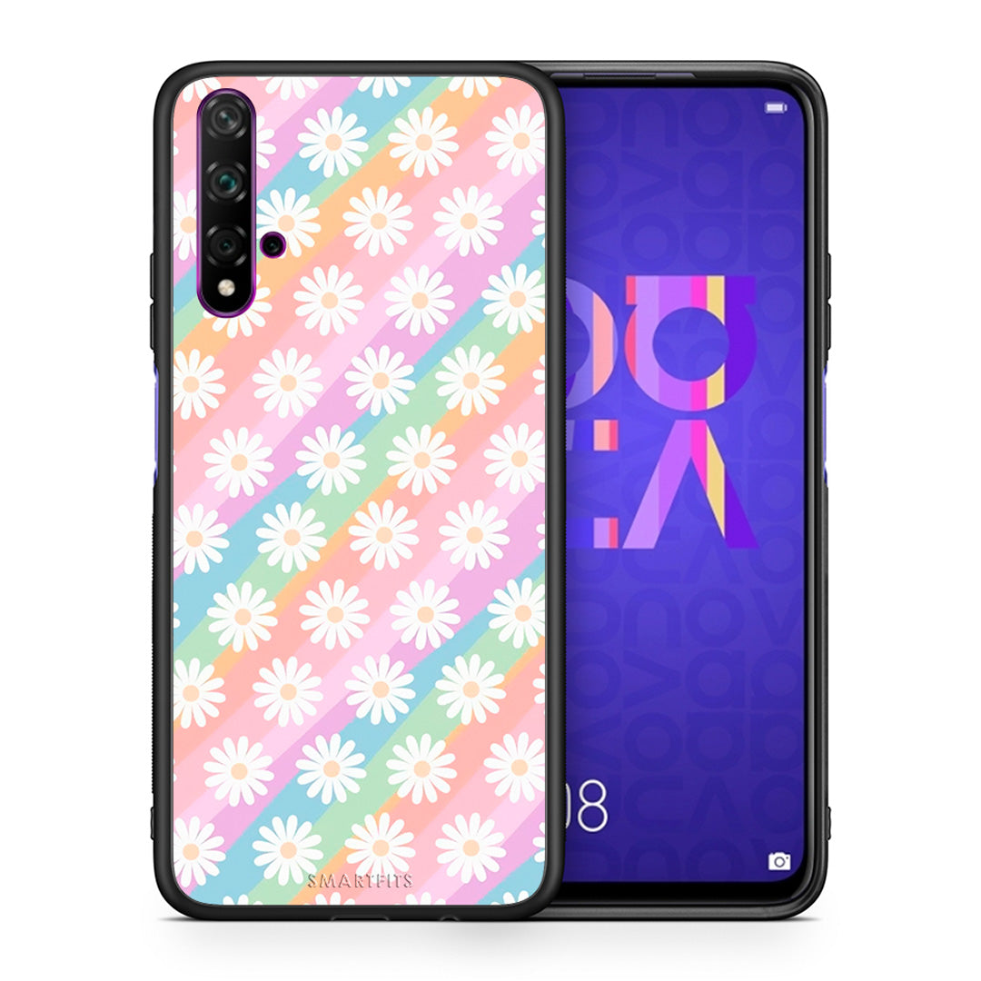 Θήκη Huawei Nova 5T/Honor 20 White Daisies από τη Smartfits με σχέδιο στο πίσω μέρος και μαύρο περίβλημα | Huawei Nova 5T/Honor 20 White Daisies case with colorful back and black bezels