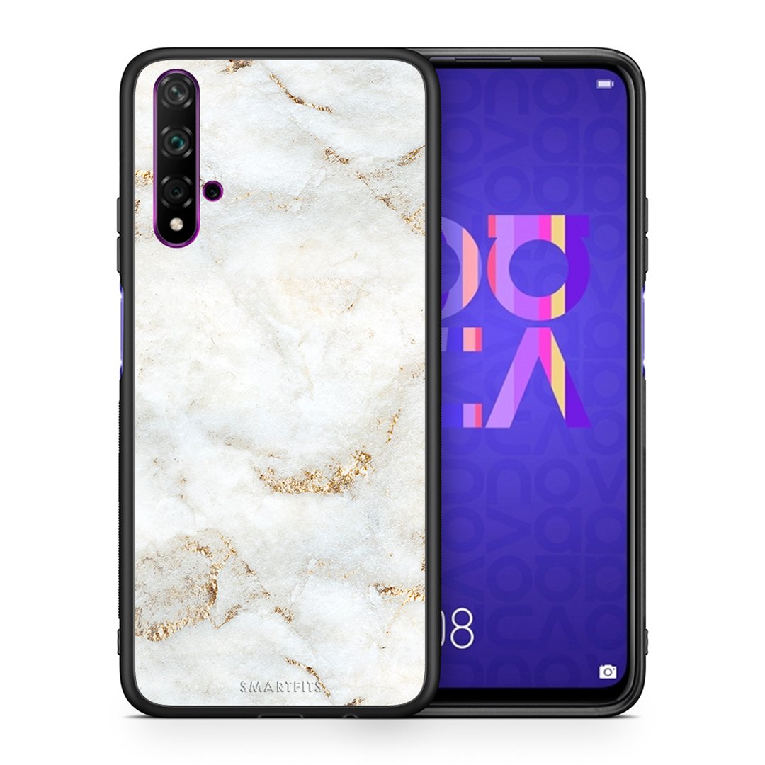 Θήκη Huawei Nova 5T/Honor 20 White Gold Marble από τη Smartfits με σχέδιο στο πίσω μέρος και μαύρο περίβλημα | Huawei Nova 5T/Honor 20 White Gold Marble case with colorful back and black bezels