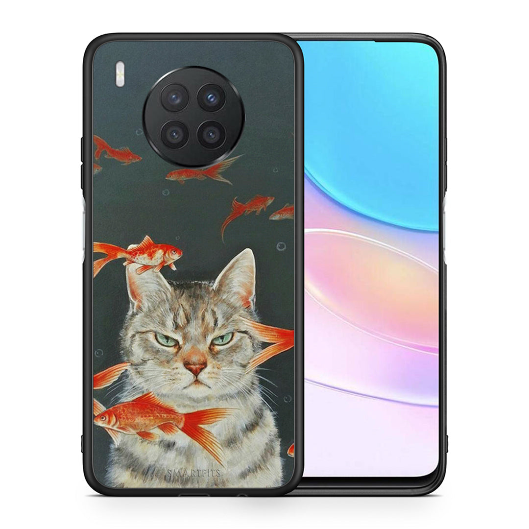 Θήκη Huawei Nova 8i / Honor 50 Lite Cat Goldfish από τη Smartfits με σχέδιο στο πίσω μέρος και μαύρο περίβλημα | Huawei Nova 8i / Honor 50 Lite Cat Goldfish case with colorful back and black bezels
