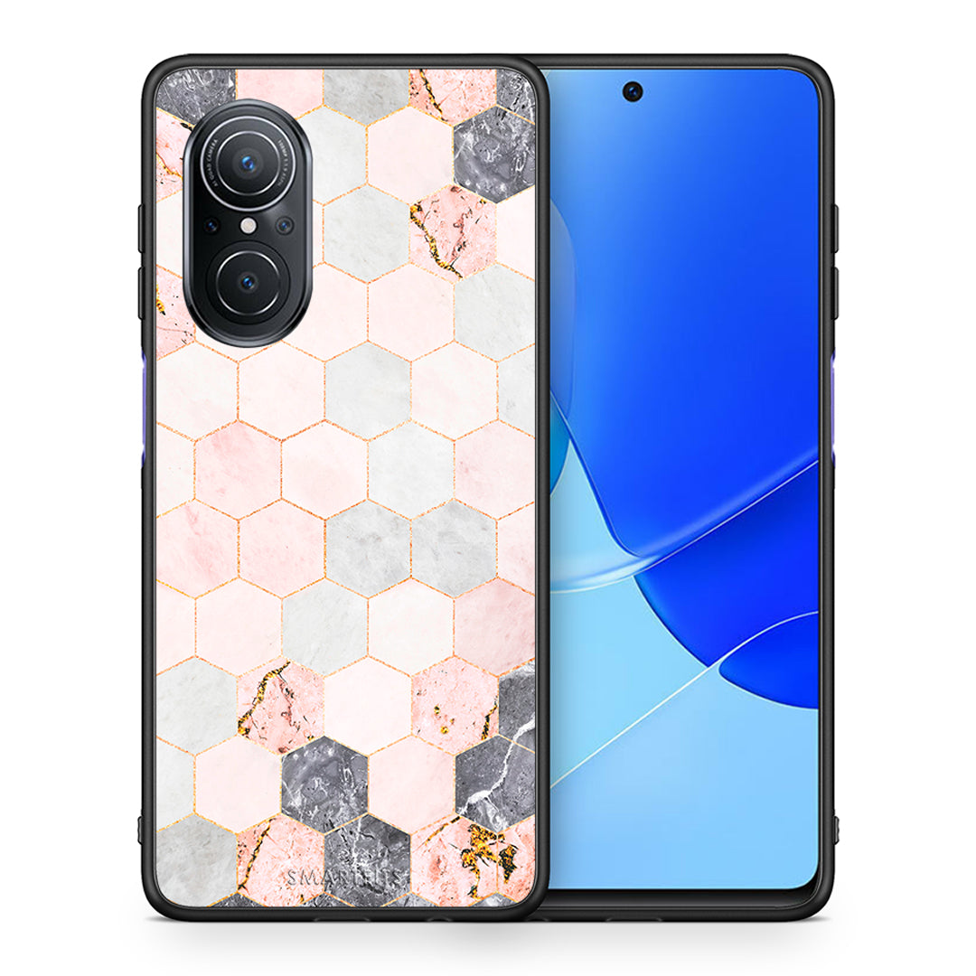 Θήκη Huawei Nova 9 SE Hexagon Pink Marble από τη Smartfits με σχέδιο στο πίσω μέρος και μαύρο περίβλημα | Huawei Nova 9 SE Hexagon Pink Marble case with colorful back and black bezels