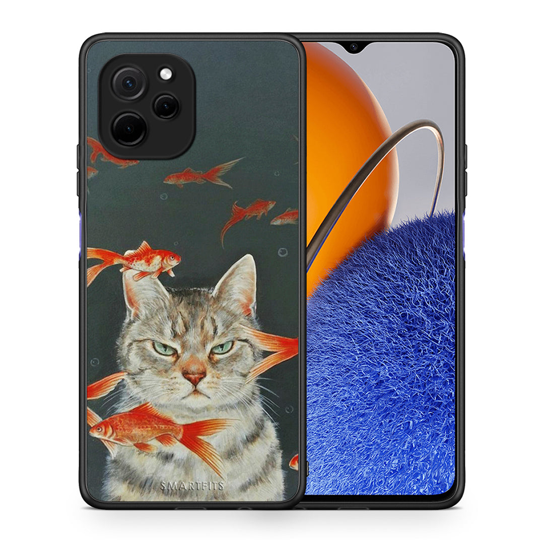 Θήκη Huawei Nova Y61 Cat Goldfish από τη Smartfits με σχέδιο στο πίσω μέρος και μαύρο περίβλημα | Huawei Nova Y61 Cat Goldfish Case with Colorful Back and Black Bezels