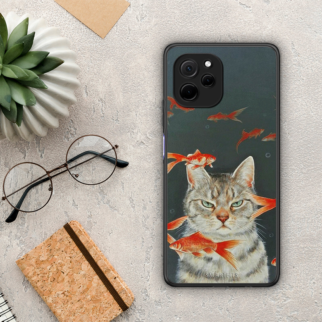 Θήκη Huawei Nova Y61 Cat Goldfish από τη Smartfits με σχέδιο στο πίσω μέρος και μαύρο περίβλημα | Huawei Nova Y61 Cat Goldfish Case with Colorful Back and Black Bezels