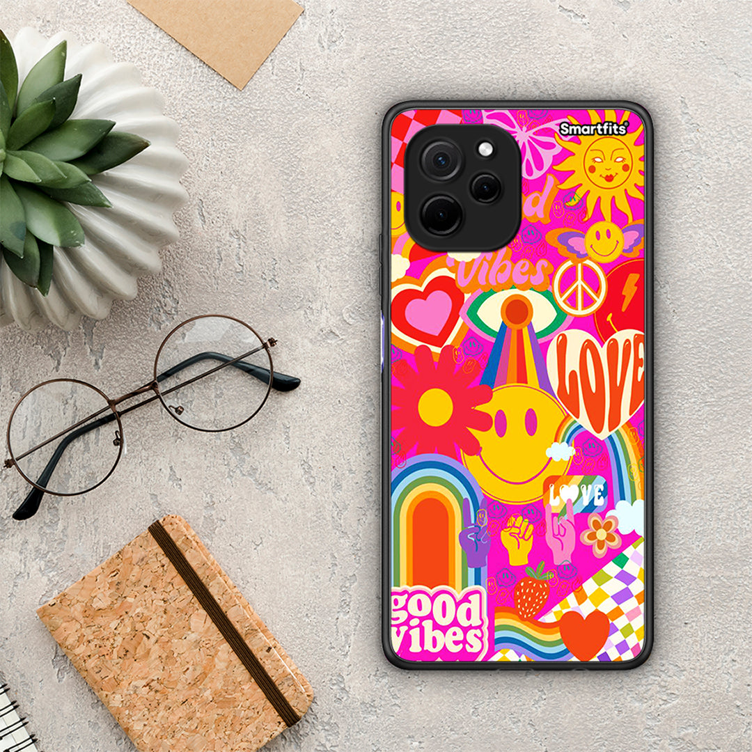 Θήκη Huawei Nova Y61 Hippie Love από τη Smartfits με σχέδιο στο πίσω μέρος και μαύρο περίβλημα | Huawei Nova Y61 Hippie Love Case with Colorful Back and Black Bezels