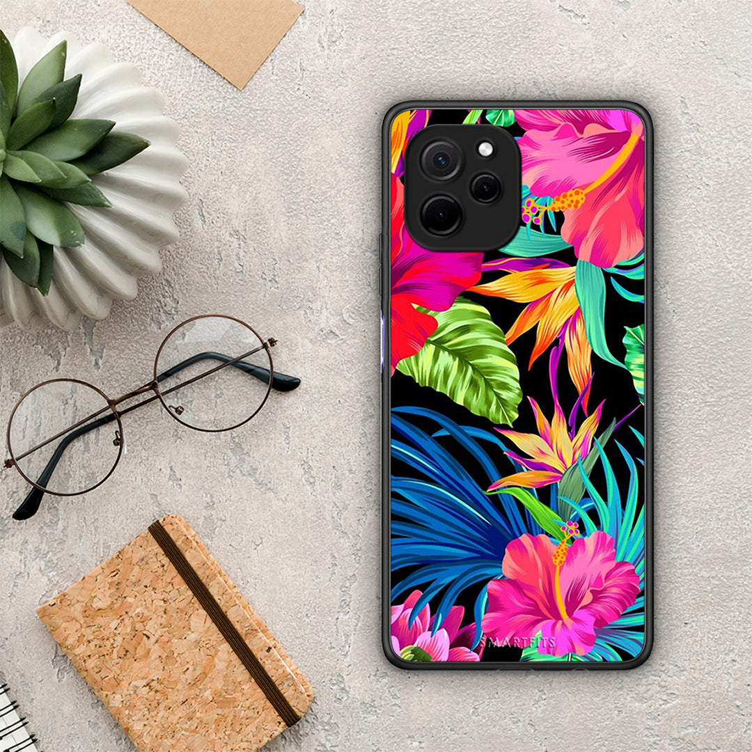 Θήκη Huawei Nova Y61 Tropical Flowers από τη Smartfits με σχέδιο στο πίσω μέρος και μαύρο περίβλημα | Huawei Nova Y61 Tropical Flowers Case with Colorful Back and Black Bezels