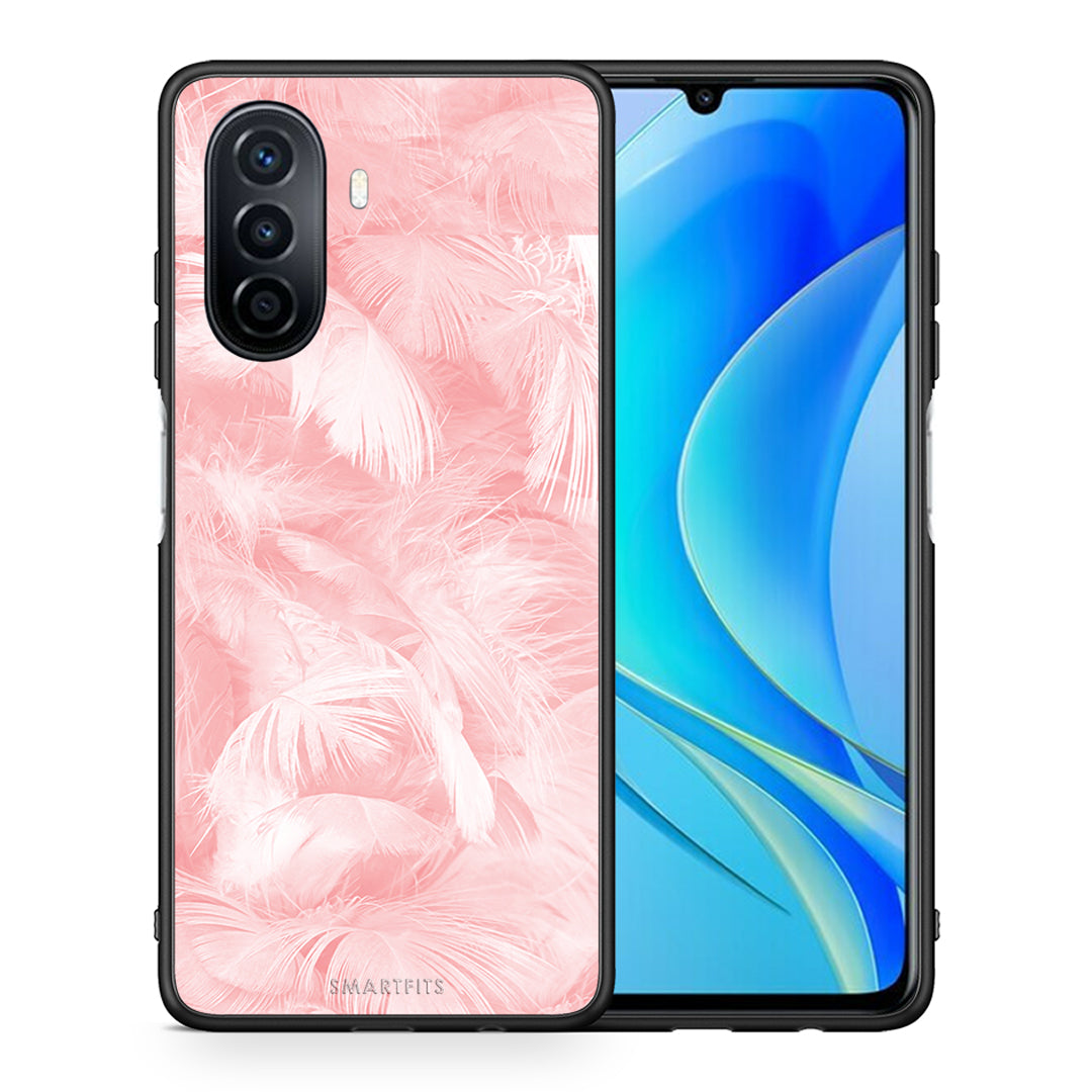 Θήκη Huawei Nova Y70 Pink Feather Boho από τη Smartfits με σχέδιο στο πίσω μέρος και μαύρο περίβλημα | Huawei Nova Y70 Pink Feather Boho case with colorful back and black bezels