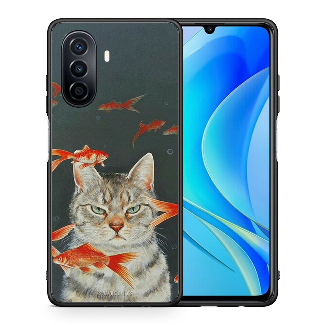 Θήκη Huawei Nova Y70 Cat Goldfish από τη Smartfits με σχέδιο στο πίσω μέρος και μαύρο περίβλημα | Huawei Nova Y70 Cat Goldfish case with colorful back and black bezels