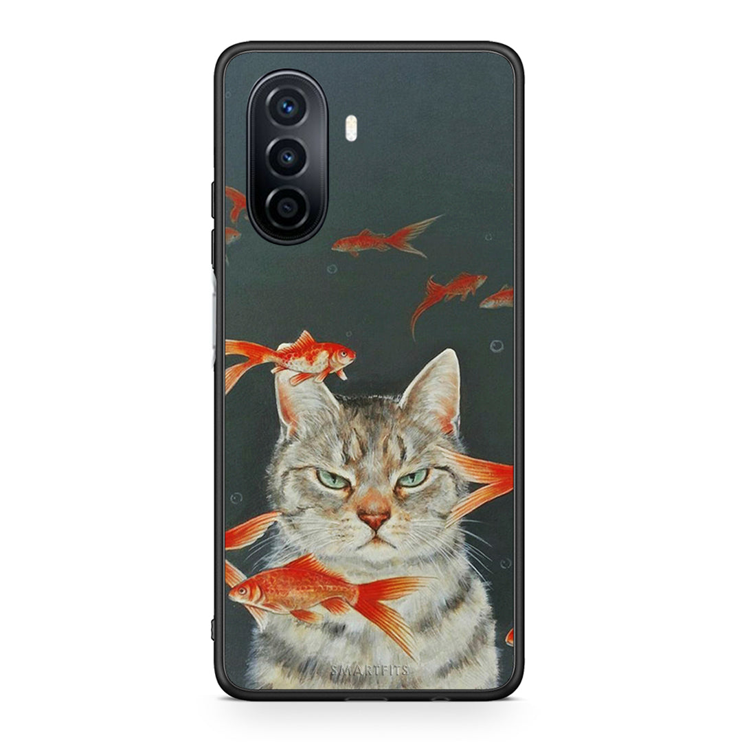 Huawei Nova Y70 Cat Goldfish θήκη από τη Smartfits με σχέδιο στο πίσω μέρος και μαύρο περίβλημα | Smartphone case with colorful back and black bezels by Smartfits