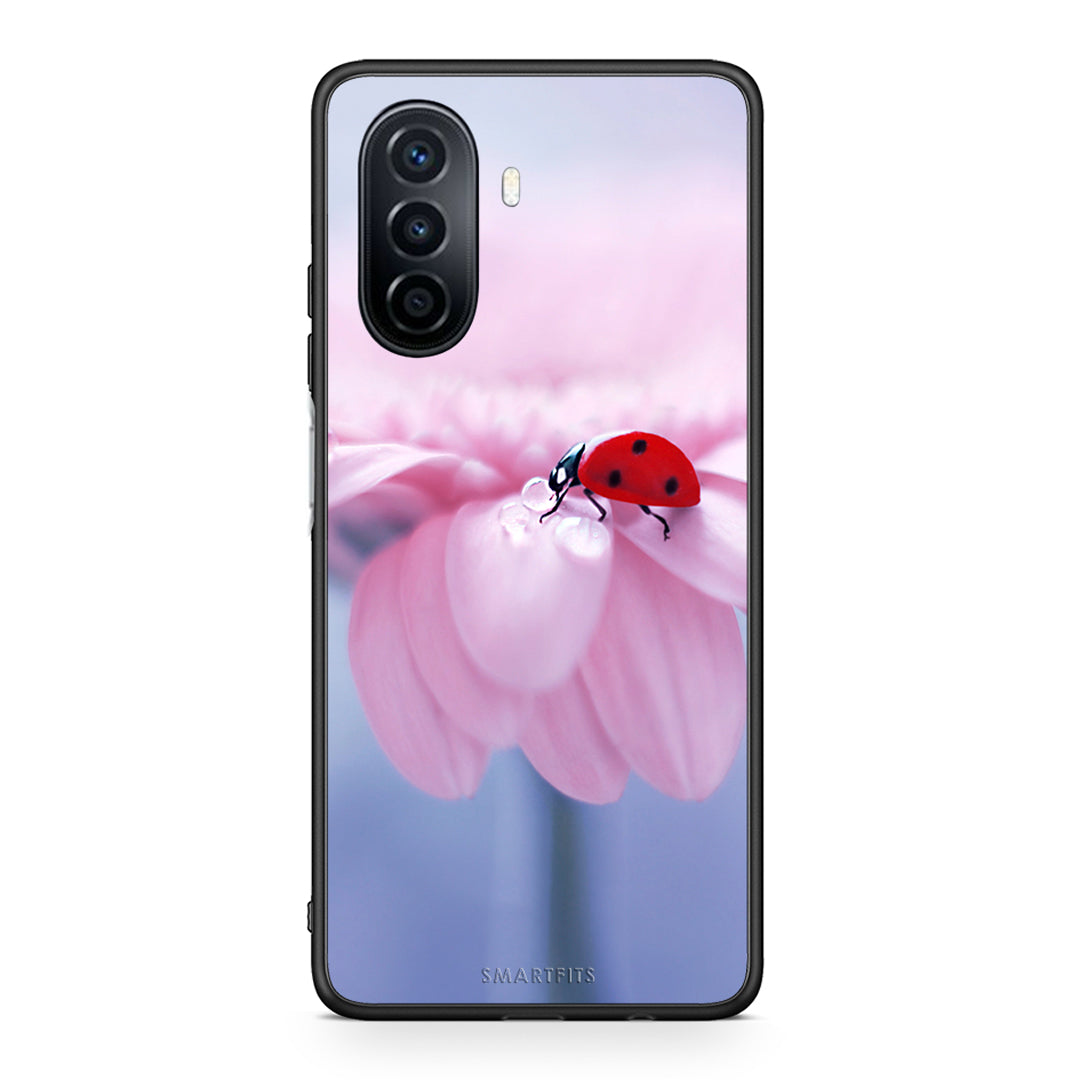 Huawei Nova Y70 Ladybug Flower θήκη από τη Smartfits με σχέδιο στο πίσω μέρος και μαύρο περίβλημα | Smartphone case with colorful back and black bezels by Smartfits