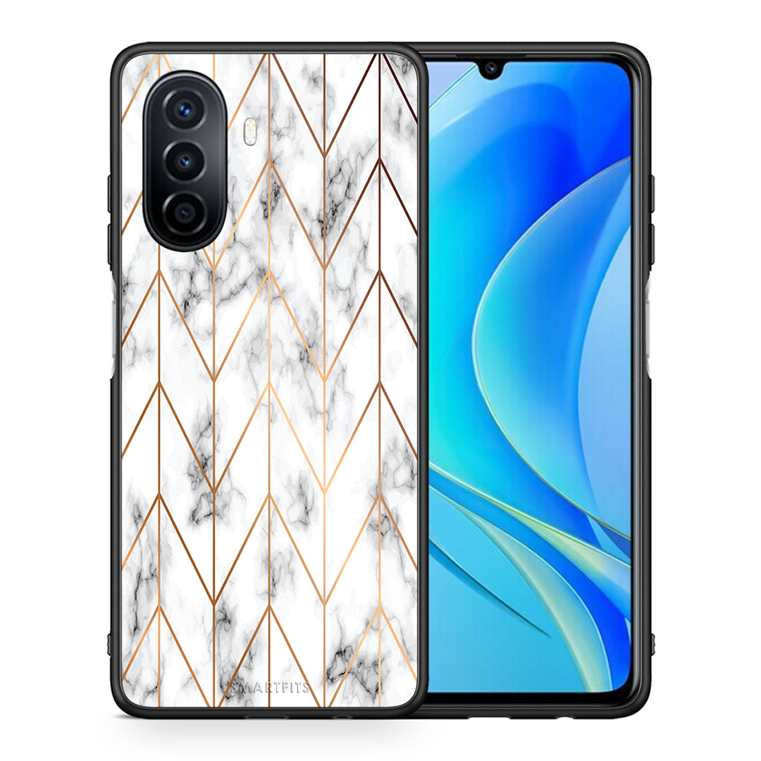 Θήκη Huawei Nova Y70 Gold Geometric Marble από τη Smartfits με σχέδιο στο πίσω μέρος και μαύρο περίβλημα | Huawei Nova Y70 Gold Geometric Marble case with colorful back and black bezels