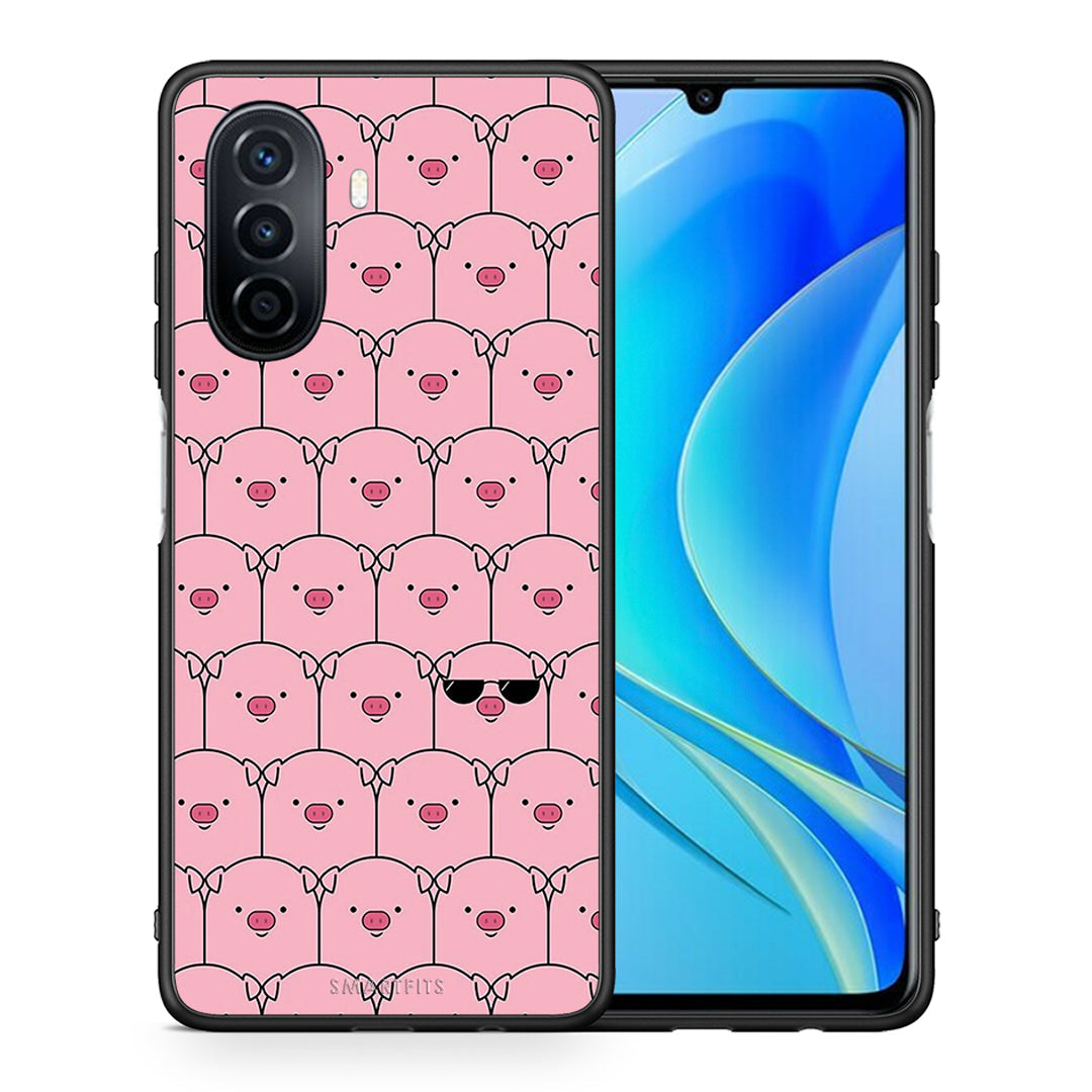 Θήκη Huawei Nova Y70 Pig Glasses από τη Smartfits με σχέδιο στο πίσω μέρος και μαύρο περίβλημα | Huawei Nova Y70 Pig Glasses case with colorful back and black bezels