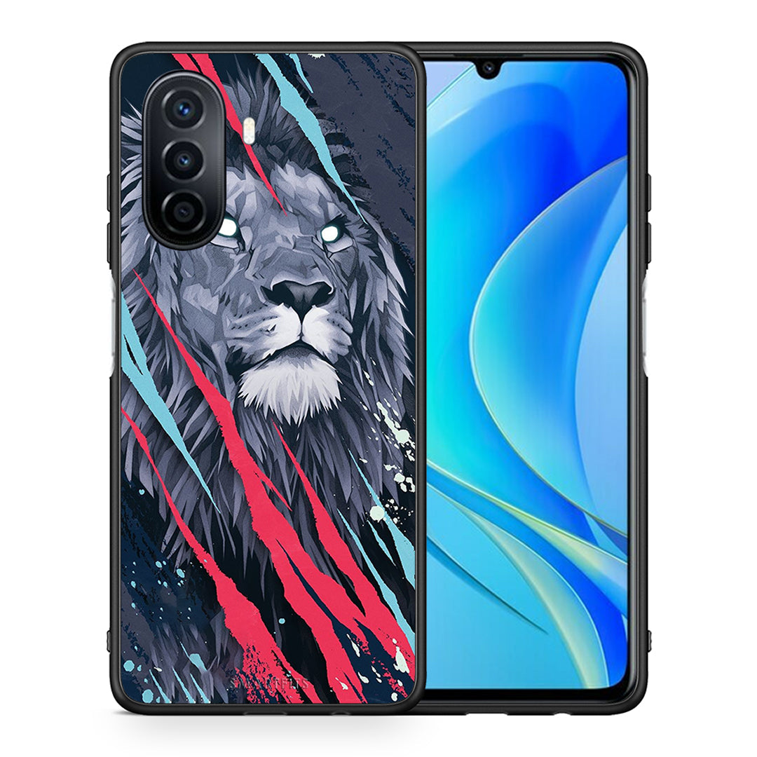 Θήκη Huawei Nova Y70 Lion Designer PopArt από τη Smartfits με σχέδιο στο πίσω μέρος και μαύρο περίβλημα | Huawei Nova Y70 Lion Designer PopArt case with colorful back and black bezels