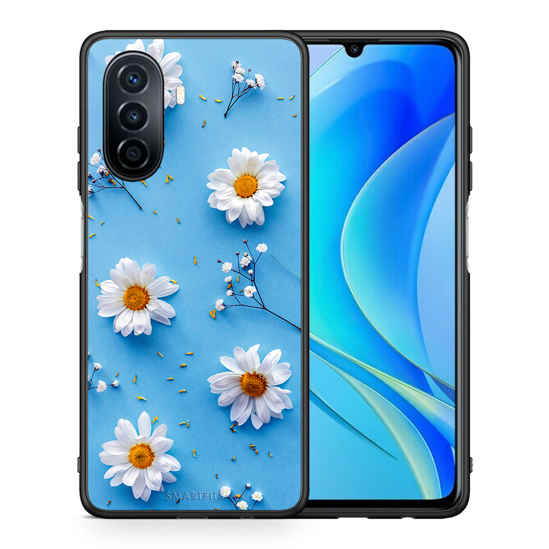 Θήκη Huawei Nova Y70 Real Daisies από τη Smartfits με σχέδιο στο πίσω μέρος και μαύρο περίβλημα | Huawei Nova Y70 Real Daisies case with colorful back and black bezels