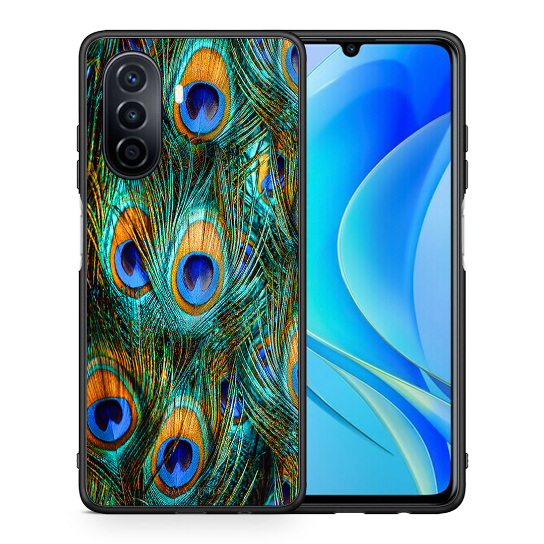 Θήκη Huawei Nova Y70 Real Peacock Feathers από τη Smartfits με σχέδιο στο πίσω μέρος και μαύρο περίβλημα | Huawei Nova Y70 Real Peacock Feathers case with colorful back and black bezels