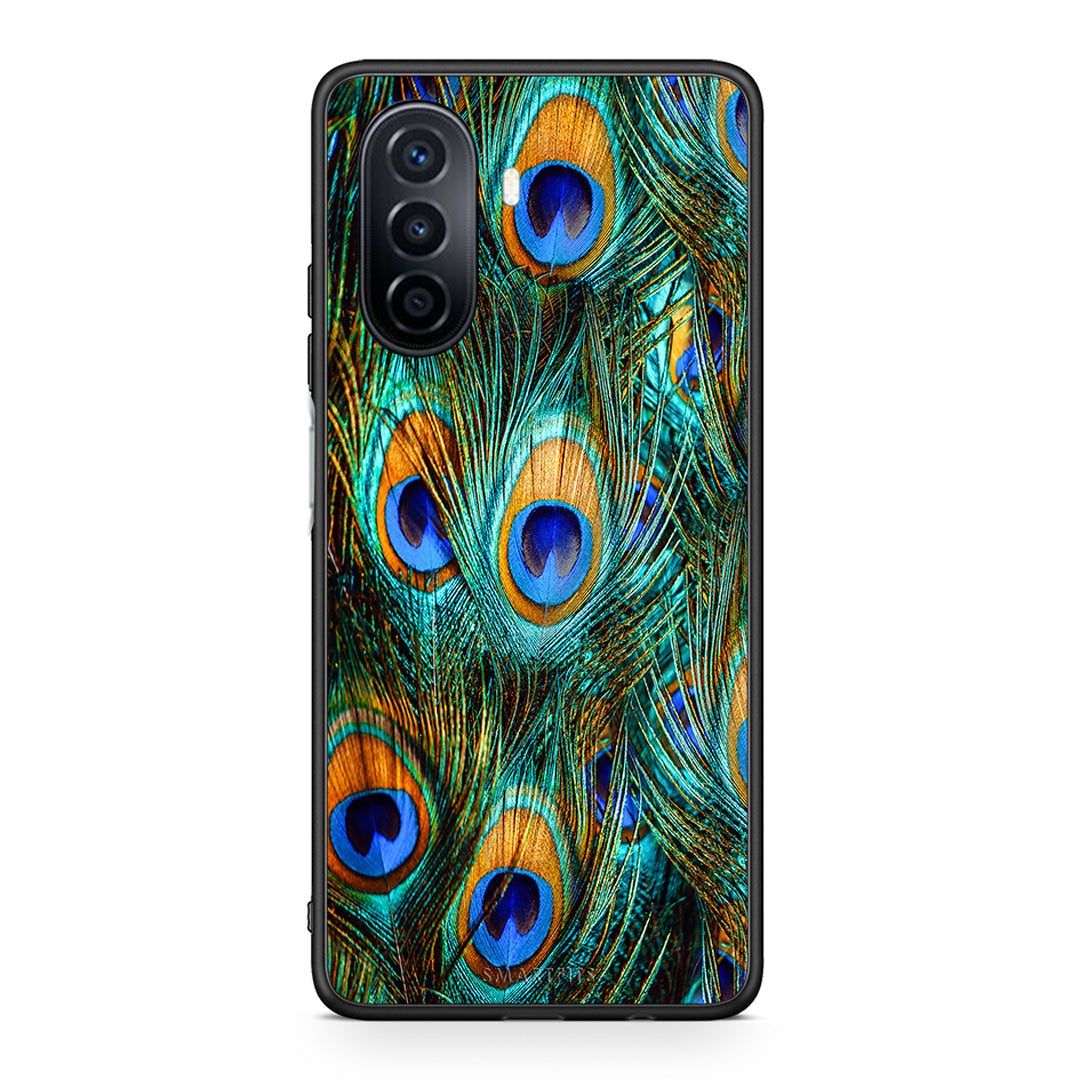 Huawei Nova Y70 Real Peacock Feathers θήκη από τη Smartfits με σχέδιο στο πίσω μέρος και μαύρο περίβλημα | Smartphone case with colorful back and black bezels by Smartfits