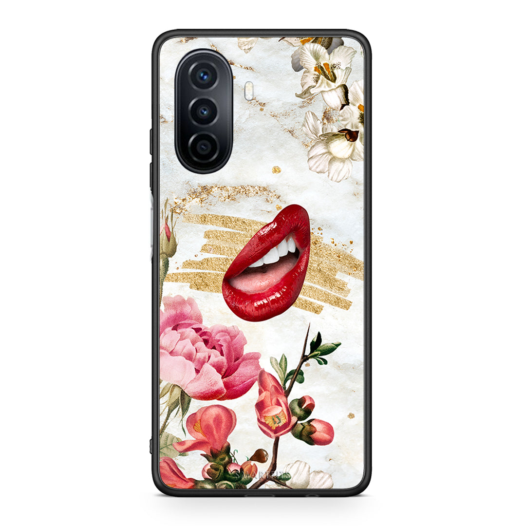 Huawei Nova Y70 Red Lips θήκη από τη Smartfits με σχέδιο στο πίσω μέρος και μαύρο περίβλημα | Smartphone case with colorful back and black bezels by Smartfits