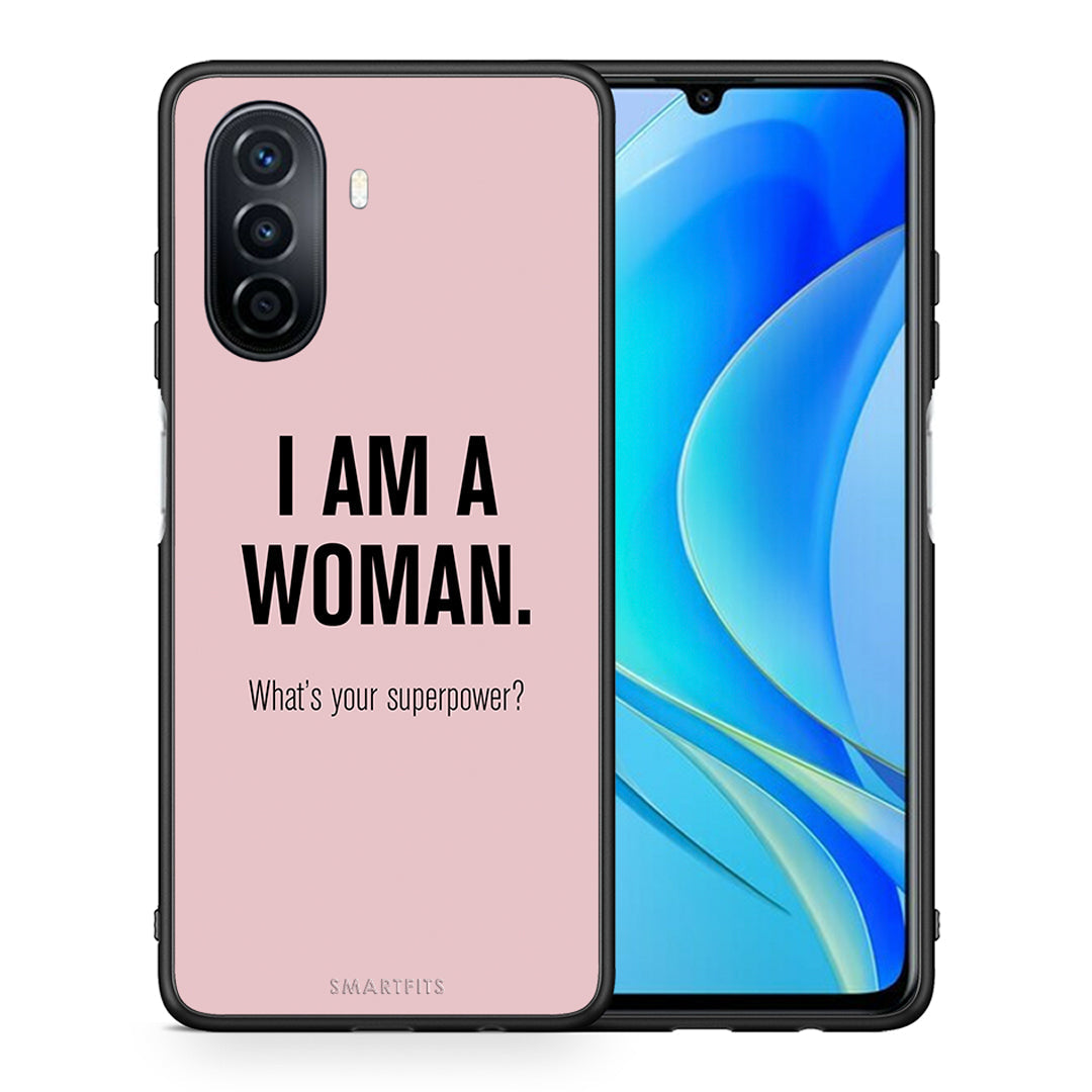 Θήκη Huawei Nova Y70 Superpower Woman από τη Smartfits με σχέδιο στο πίσω μέρος και μαύρο περίβλημα | Huawei Nova Y70 Superpower Woman case with colorful back and black bezels