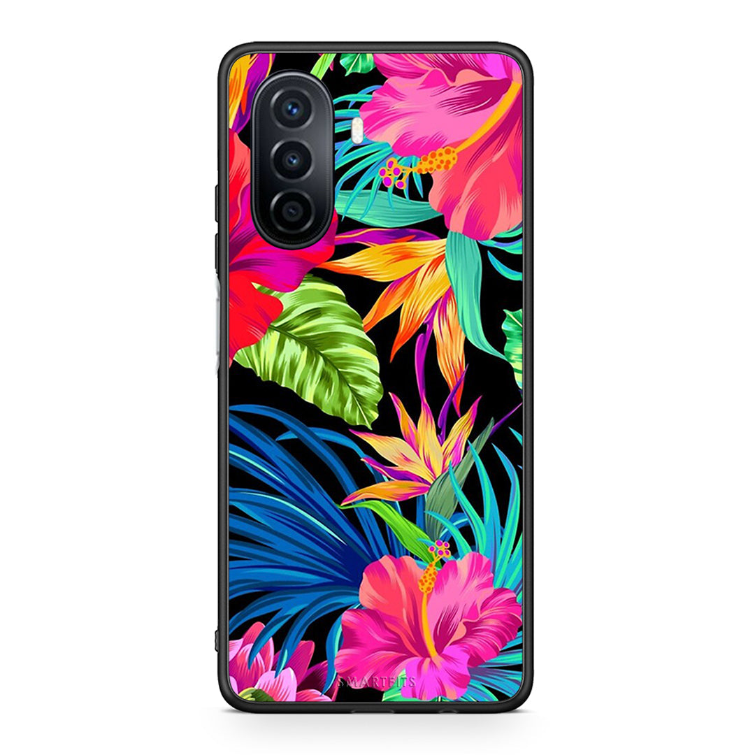 Huawei Nova Y70 Tropical Flowers θήκη από τη Smartfits με σχέδιο στο πίσω μέρος και μαύρο περίβλημα | Smartphone case with colorful back and black bezels by Smartfits