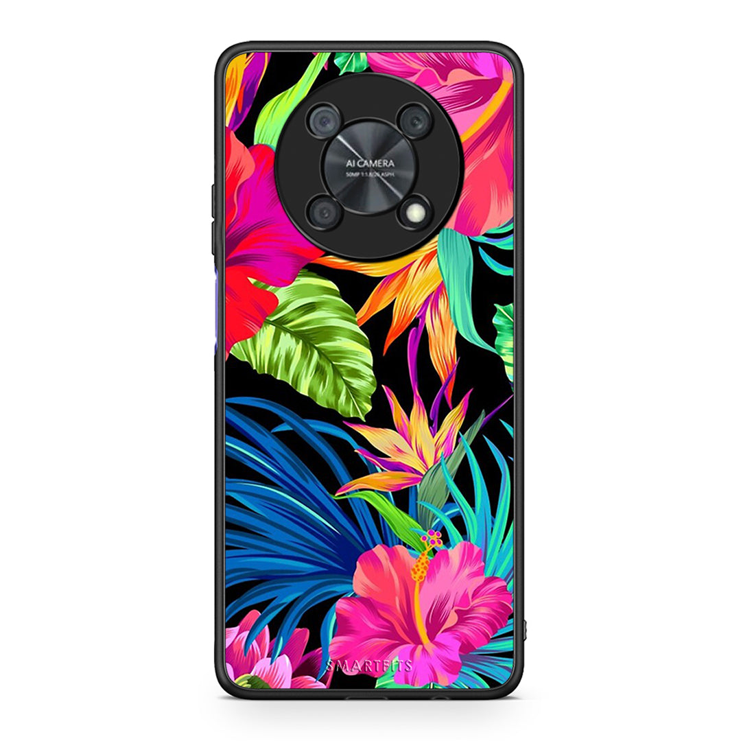 Huawei Nova Y90 Tropical Flowers θήκη από τη Smartfits με σχέδιο στο πίσω μέρος και μαύρο περίβλημα | Smartphone case with colorful back and black bezels by Smartfits