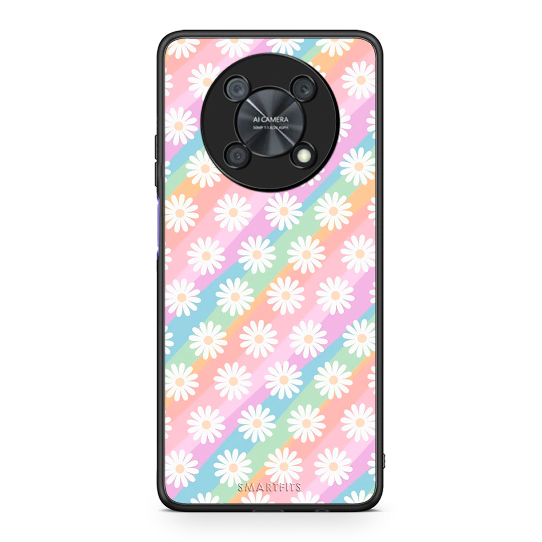 Huawei Nova Y90 White Daisies θήκη από τη Smartfits με σχέδιο στο πίσω μέρος και μαύρο περίβλημα | Smartphone case with colorful back and black bezels by Smartfits