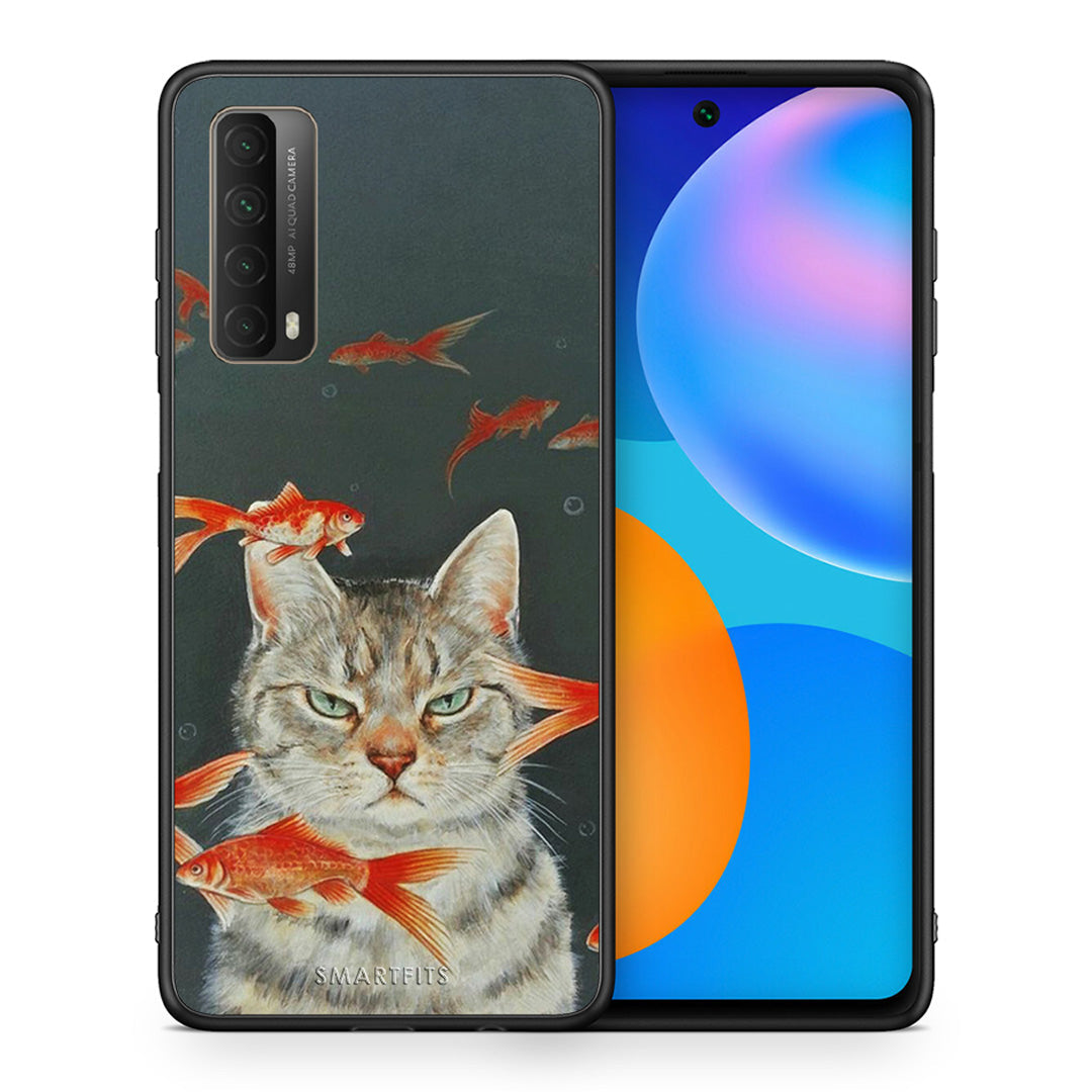 Θήκη Huawei P Smart 2021 Cat Goldfish από τη Smartfits με σχέδιο στο πίσω μέρος και μαύρο περίβλημα | Huawei P Smart 2021 Cat Goldfish case with colorful back and black bezels