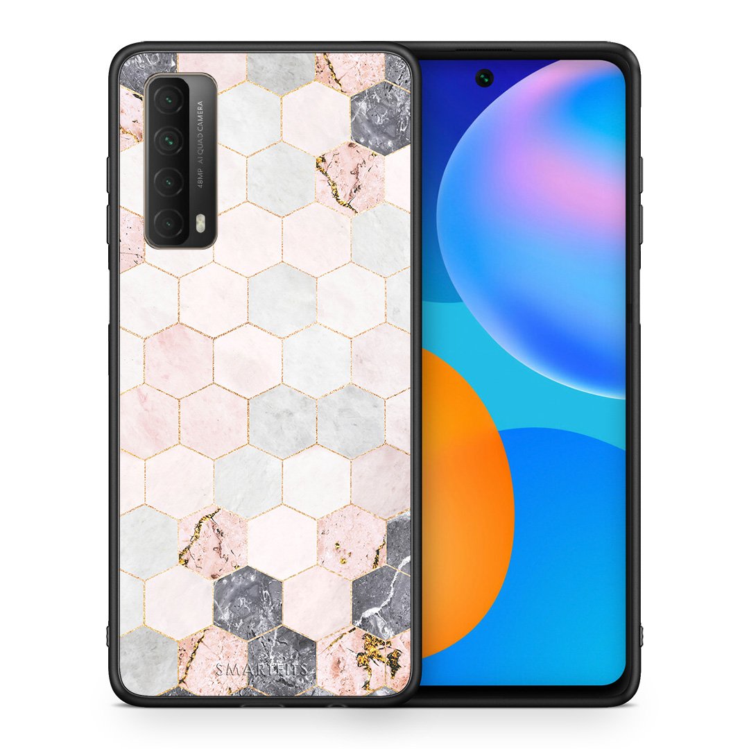 Θήκη Huawei P Smart 2021 Hexagon Pink Marble από τη Smartfits με σχέδιο στο πίσω μέρος και μαύρο περίβλημα | Huawei P Smart 2021 Hexagon Pink Marble case with colorful back and black bezels