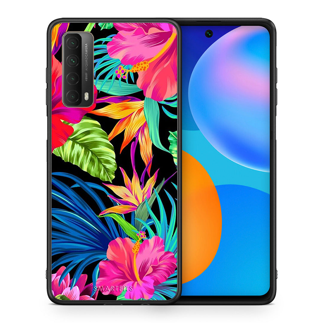 Θήκη Huawei P Smart 2021 Tropical Flowers από τη Smartfits με σχέδιο στο πίσω μέρος και μαύρο περίβλημα | Huawei P Smart 2021 Tropical Flowers case with colorful back and black bezels