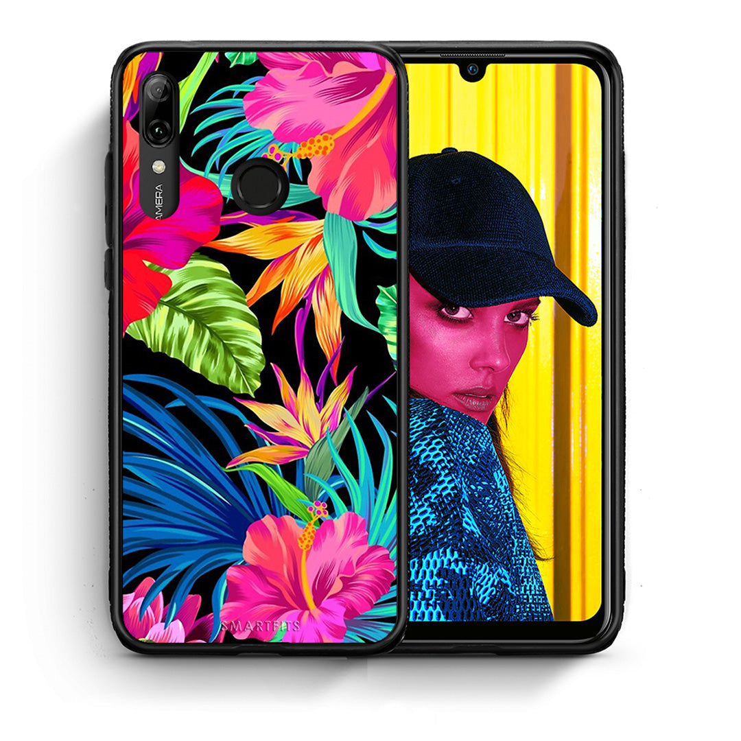 Θήκη Huawei P Smart 2019 Tropical Flowers από τη Smartfits με σχέδιο στο πίσω μέρος και μαύρο περίβλημα | Huawei P Smart 2019 Tropical Flowers case with colorful back and black bezels