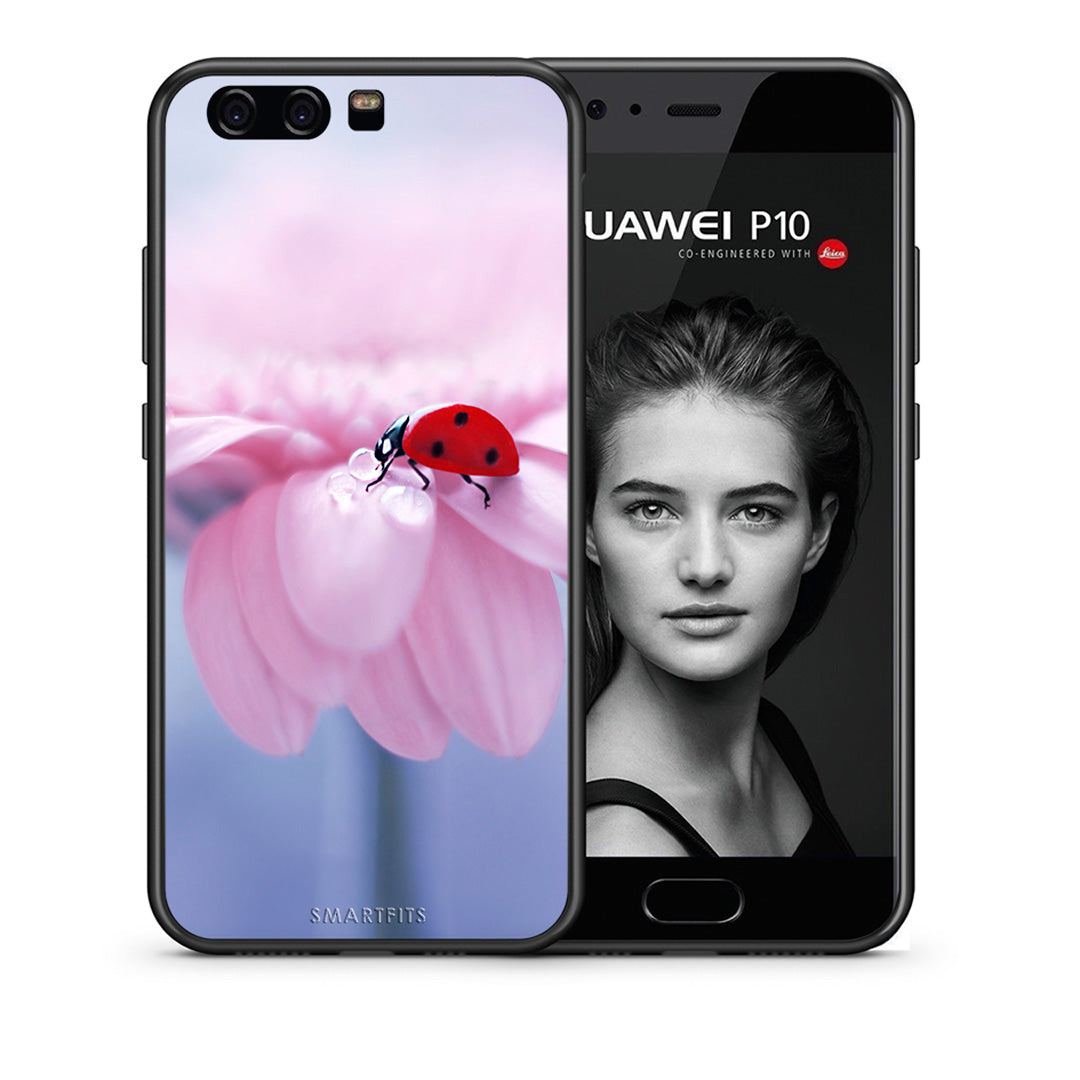 Θήκη Huawei P10 Lite Ladybug Flower από τη Smartfits με σχέδιο στο πίσω μέρος και μαύρο περίβλημα | Huawei P10 Lite Ladybug Flower case with colorful back and black bezels