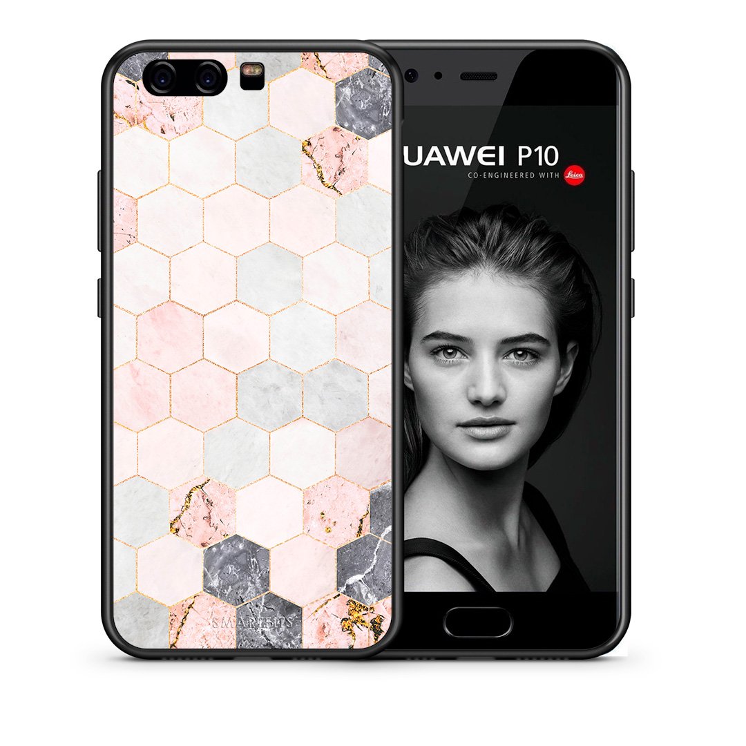 Θήκη Huawei P10 Hexagon Pink Marble από τη Smartfits με σχέδιο στο πίσω μέρος και μαύρο περίβλημα | Huawei P10 Hexagon Pink Marble case with colorful back and black bezels