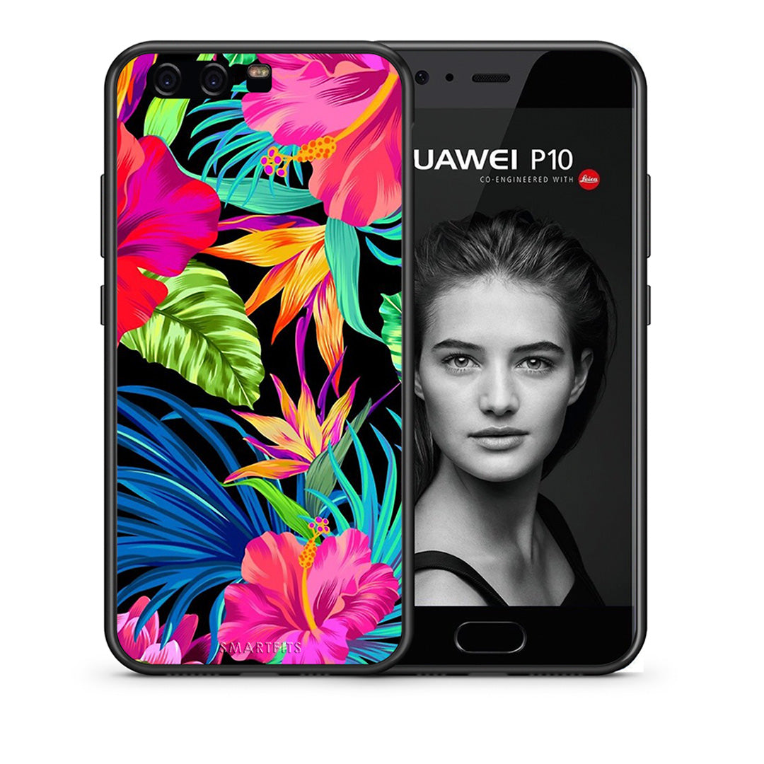 Θήκη Huawei P10 Tropical Flowers από τη Smartfits με σχέδιο στο πίσω μέρος και μαύρο περίβλημα | Huawei P10 Tropical Flowers case with colorful back and black bezels
