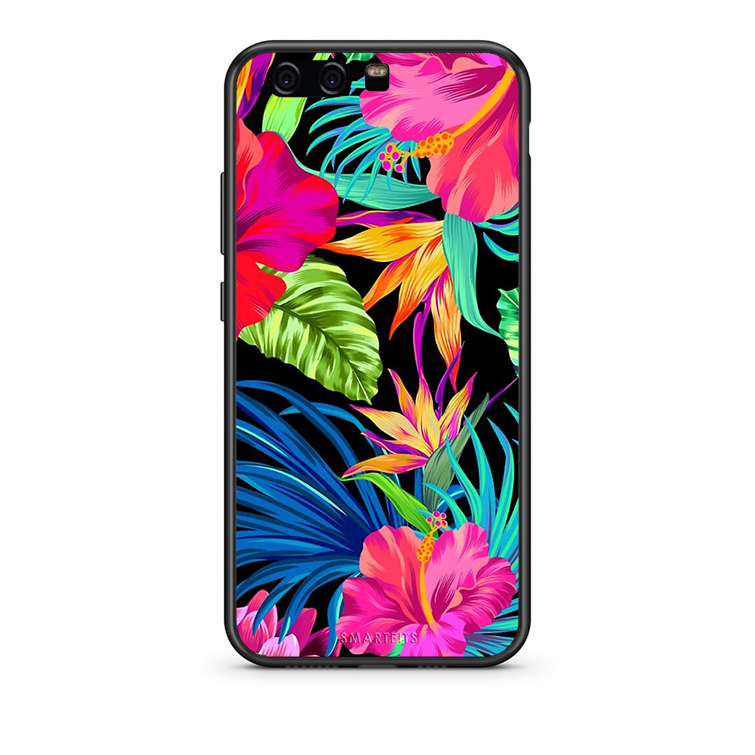 Huawei P10 Lite Tropical Flowers θήκη από τη Smartfits με σχέδιο στο πίσω μέρος και μαύρο περίβλημα | Smartphone case with colorful back and black bezels by Smartfits