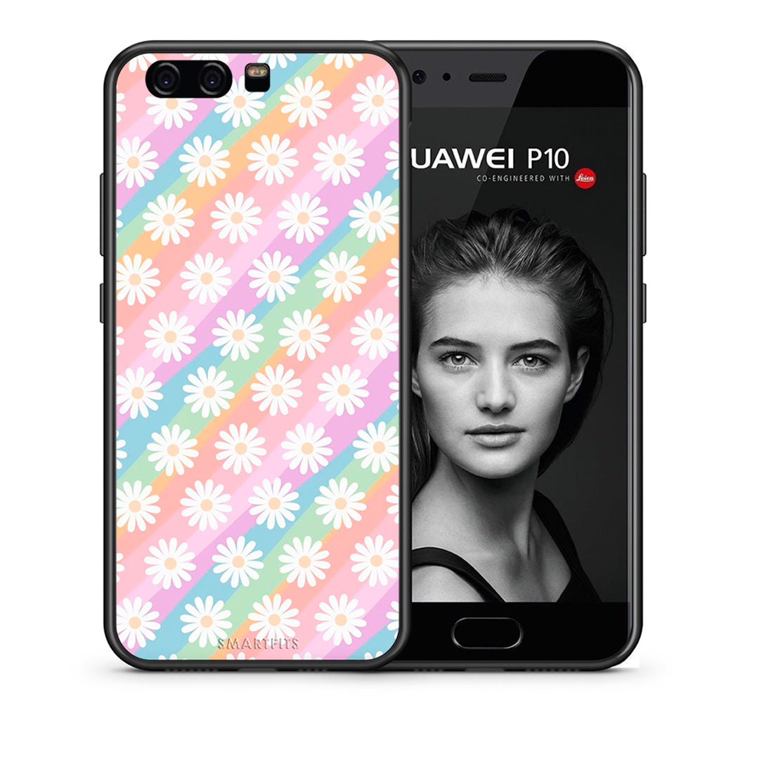 Θήκη Huawei P10 White Daisies από τη Smartfits με σχέδιο στο πίσω μέρος και μαύρο περίβλημα | Huawei P10 White Daisies case with colorful back and black bezels