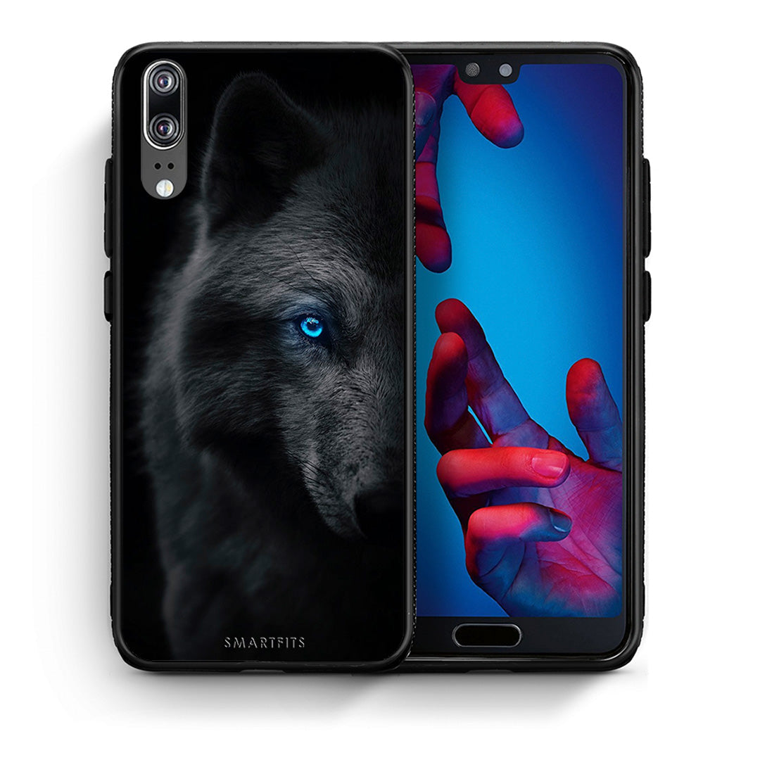 Θήκη Huawei P20 Dark Wolf από τη Smartfits με σχέδιο στο πίσω μέρος και μαύρο περίβλημα | Huawei P20 Dark Wolf case with colorful back and black bezels
