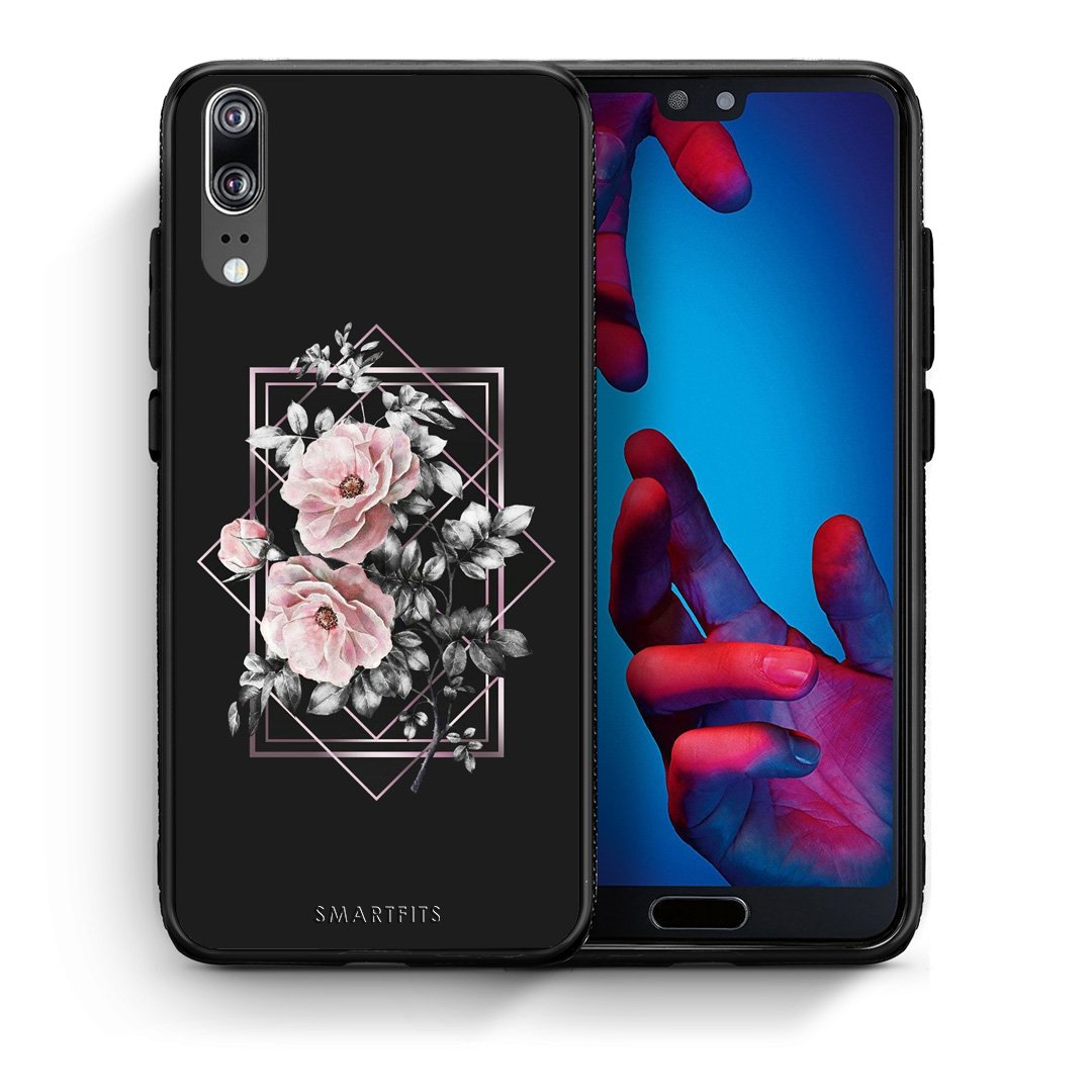 Θήκη Huawei P20 Frame Flower από τη Smartfits με σχέδιο στο πίσω μέρος και μαύρο περίβλημα | Huawei P20 Frame Flower case with colorful back and black bezels