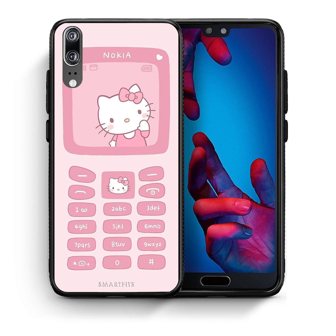 Θήκη Αγίου Βαλεντίνου Huawei P20 Hello Kitten από τη Smartfits με σχέδιο στο πίσω μέρος και μαύρο περίβλημα | Huawei P20 Hello Kitten case with colorful back and black bezels