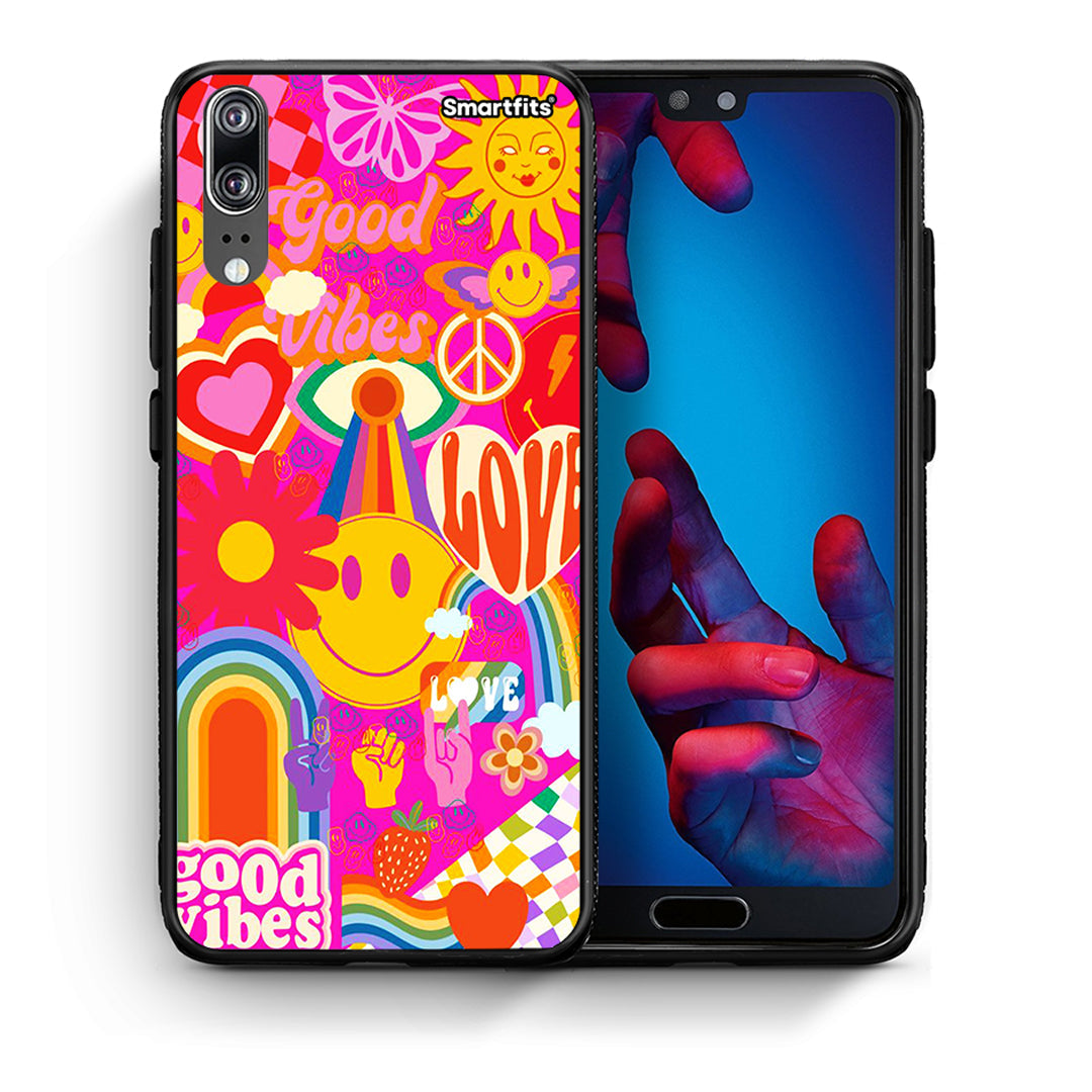 Θήκη Huawei P20 Hippie Love από τη Smartfits με σχέδιο στο πίσω μέρος και μαύρο περίβλημα | Huawei P20 Hippie Love case with colorful back and black bezels