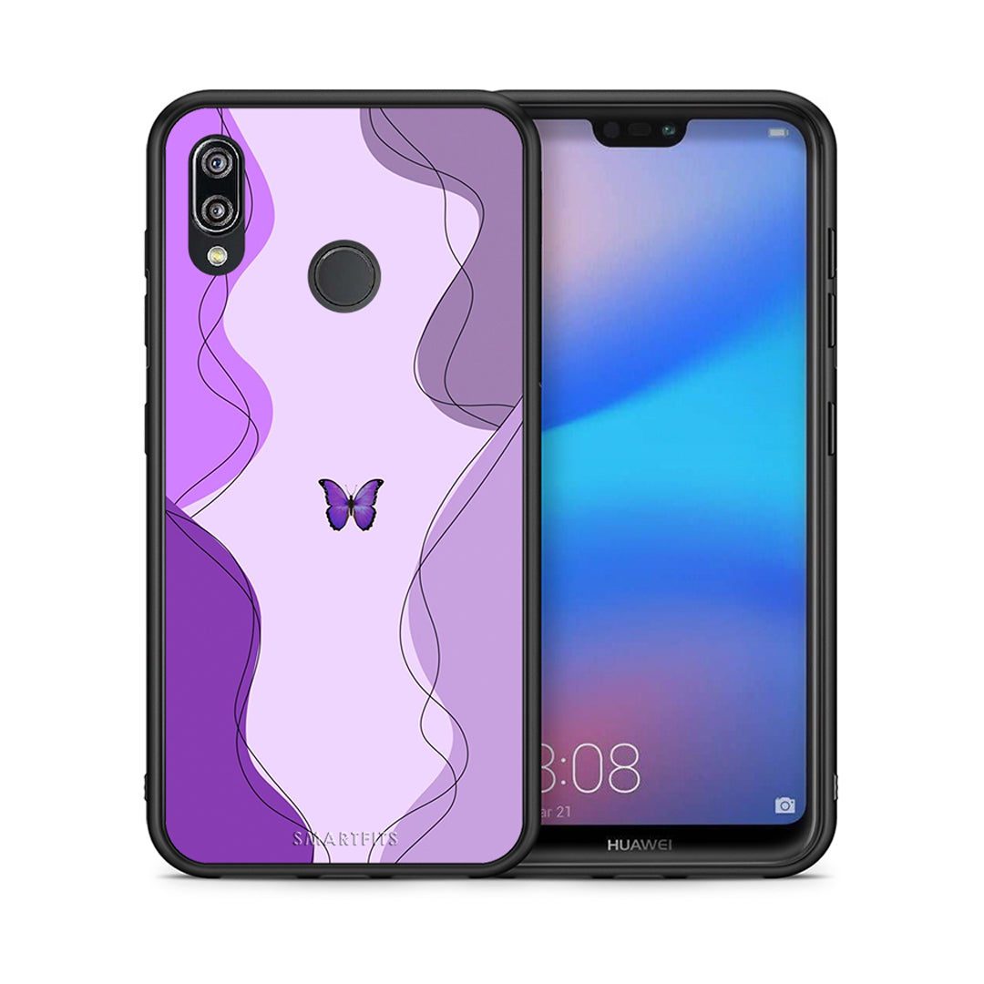 Θήκη Αγίου Βαλεντίνου Huawei P20 Lite Purple Mariposa από τη Smartfits με σχέδιο στο πίσω μέρος και μαύρο περίβλημα | Huawei P20 Lite Purple Mariposa case with colorful back and black bezels