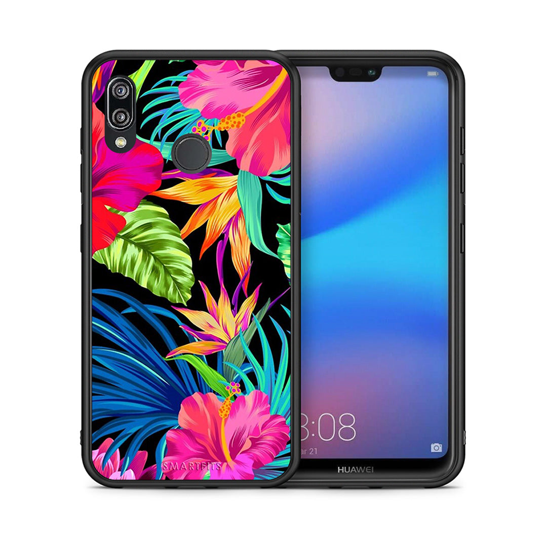 Θήκη Huawei P20 Lite Tropical Flowers από τη Smartfits με σχέδιο στο πίσω μέρος και μαύρο περίβλημα | Huawei P20 Lite Tropical Flowers case with colorful back and black bezels