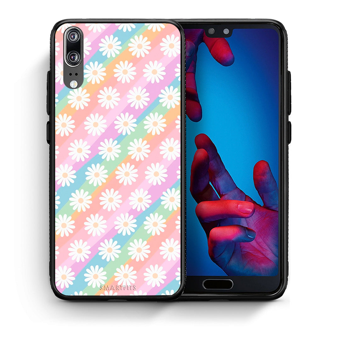 Θήκη Huawei P20 White Daisies από τη Smartfits με σχέδιο στο πίσω μέρος και μαύρο περίβλημα | Huawei P20 White Daisies case with colorful back and black bezels