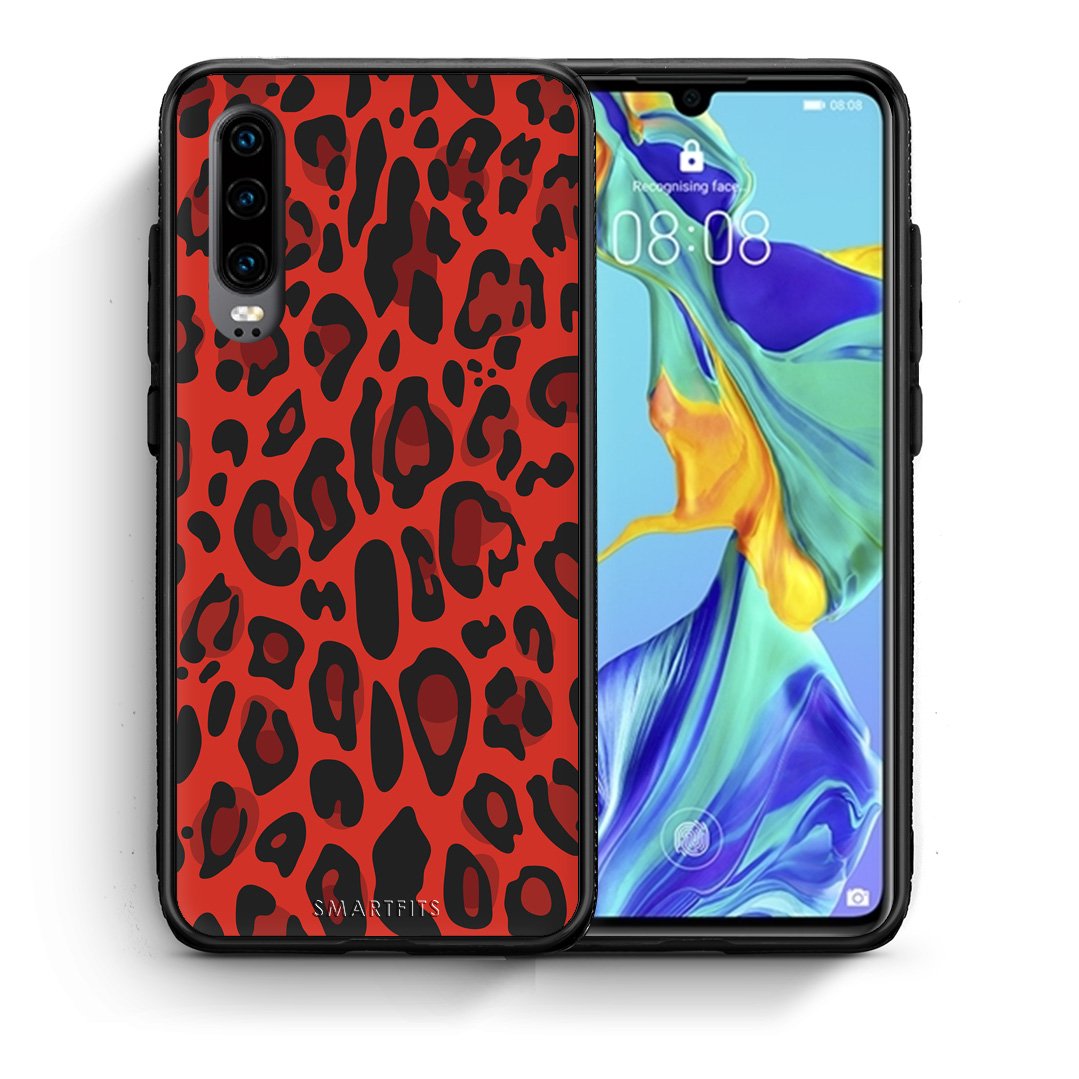 Θήκη Huawei P30 Red Leopard Animal από τη Smartfits με σχέδιο στο πίσω μέρος και μαύρο περίβλημα | Huawei P30 Red Leopard Animal case with colorful back and black bezels