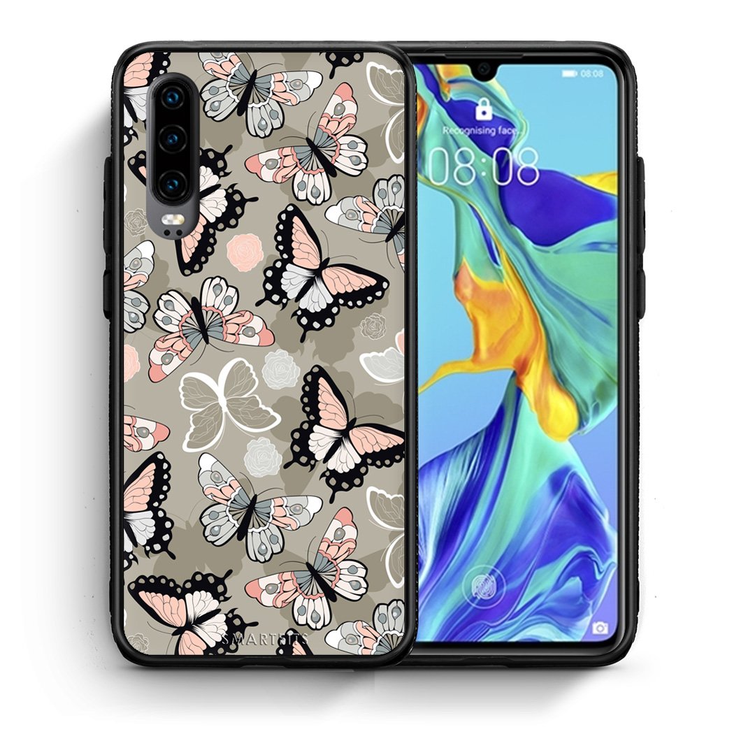 Θήκη Huawei P30 Butterflies Boho από τη Smartfits με σχέδιο στο πίσω μέρος και μαύρο περίβλημα | Huawei P30 Butterflies Boho case with colorful back and black bezels