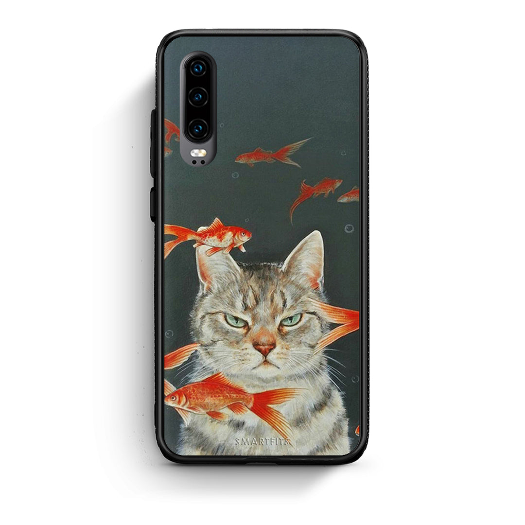 Huawei P30 Cat Goldfish θήκη από τη Smartfits με σχέδιο στο πίσω μέρος και μαύρο περίβλημα | Smartphone case with colorful back and black bezels by Smartfits