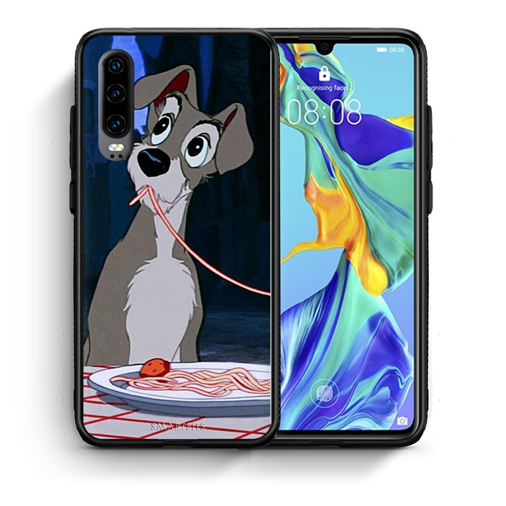 Θήκη Αγίου Βαλεντίνου Huawei P30 Lady And Tramp 1 από τη Smartfits με σχέδιο στο πίσω μέρος και μαύρο περίβλημα | Huawei P30 Lady And Tramp 1 case with colorful back and black bezels