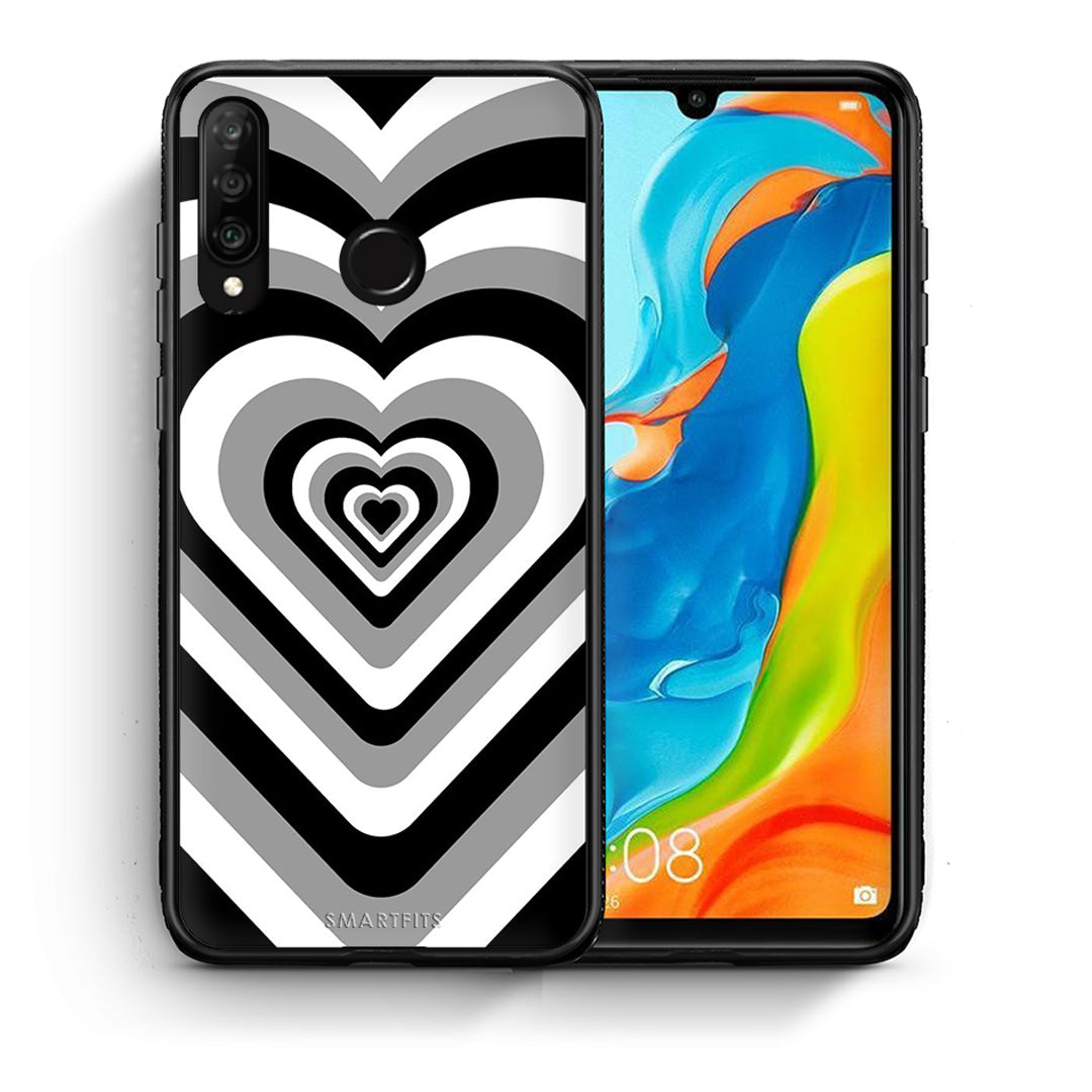 Θήκη Huawei P30 Lite Black Hearts από τη Smartfits με σχέδιο στο πίσω μέρος και μαύρο περίβλημα | Huawei P30 Lite Black Hearts case with colorful back and black bezels
