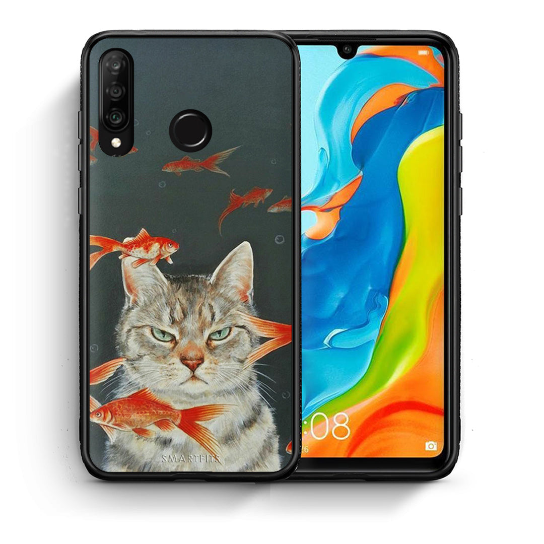 Θήκη Huawei P30 Lite Cat Goldfish από τη Smartfits με σχέδιο στο πίσω μέρος και μαύρο περίβλημα | Huawei P30 Lite Cat Goldfish case with colorful back and black bezels