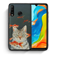 Thumbnail for Θήκη Huawei P30 Lite Cat Goldfish από τη Smartfits με σχέδιο στο πίσω μέρος και μαύρο περίβλημα | Huawei P30 Lite Cat Goldfish case with colorful back and black bezels