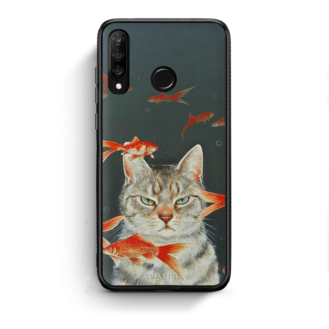 Huawei P30 Lite Cat Goldfish θήκη από τη Smartfits με σχέδιο στο πίσω μέρος και μαύρο περίβλημα | Smartphone case with colorful back and black bezels by Smartfits