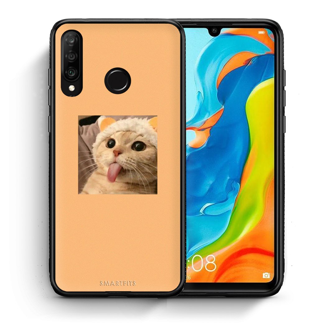 Θήκη Huawei P30 Lite Cat Tongue από τη Smartfits με σχέδιο στο πίσω μέρος και μαύρο περίβλημα | Huawei P30 Lite Cat Tongue case with colorful back and black bezels