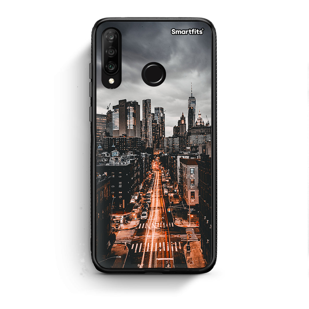 Huawei P30 Lite City Lights θήκη από τη Smartfits με σχέδιο στο πίσω μέρος και μαύρο περίβλημα | Smartphone case with colorful back and black bezels by Smartfits
