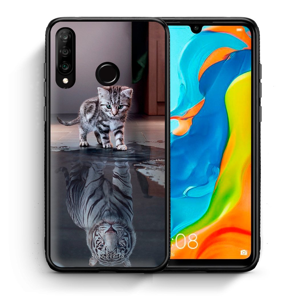 Θήκη Huawei P30 Lite Tiger Cute από τη Smartfits με σχέδιο στο πίσω μέρος και μαύρο περίβλημα | Huawei P30 Lite Tiger Cute case with colorful back and black bezels